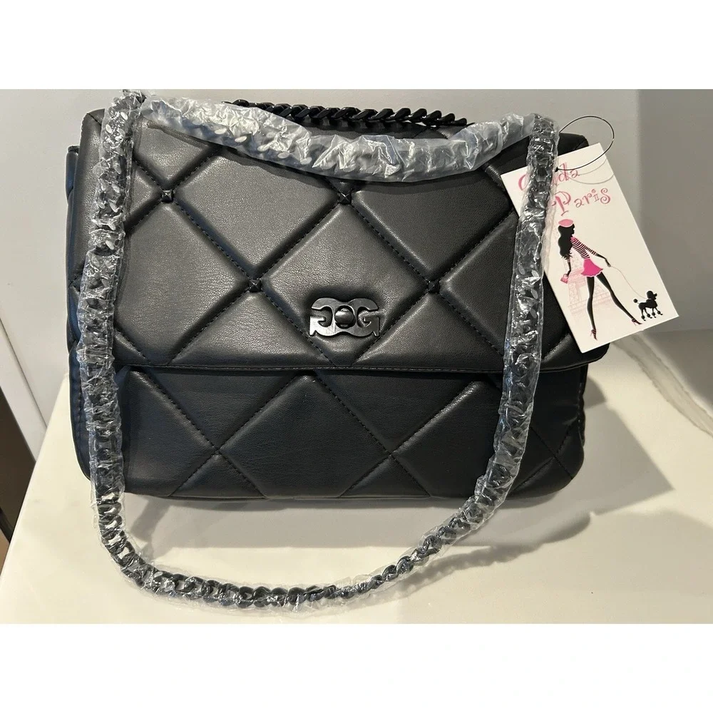 New Gilda Paris Black Vegan Leather Quilted Purse Handbag Shoulder $140